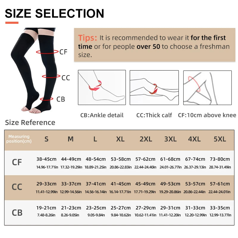 1Pair Thigh High Open Toe Medical Compression Socks (34-46mmHg)