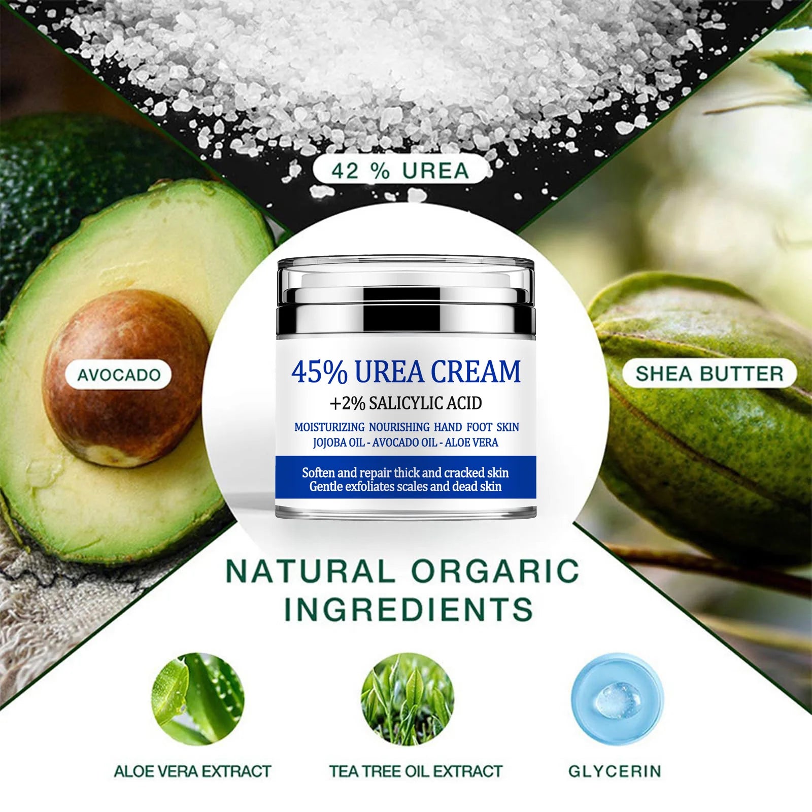 Urea Cream 42%, Foot Cream For Dry Cracked Heels, Urea Cream 42 Percent For Feet, Moisturizing & Exfoliating Foot Cream With 2%